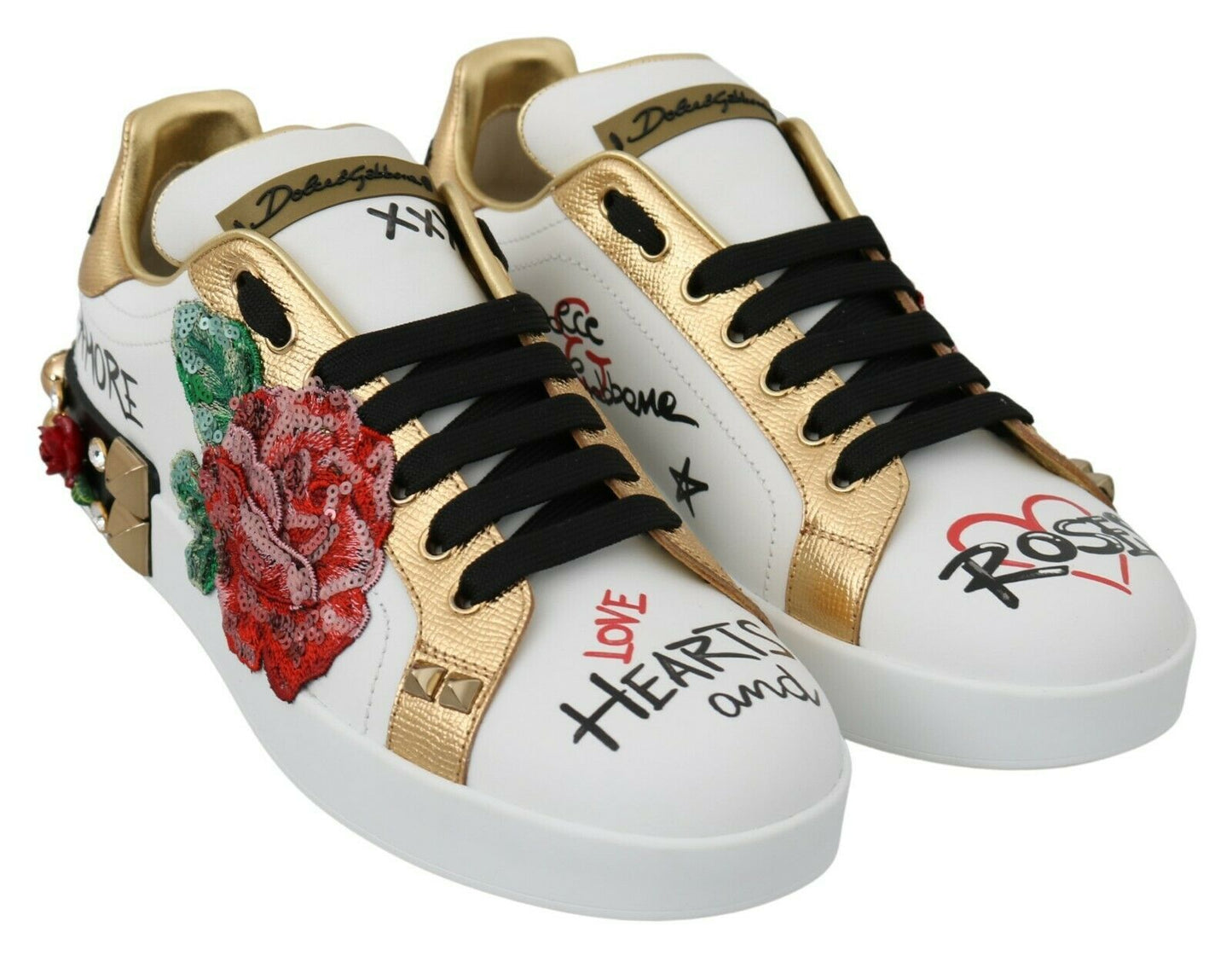 Dolce & Gabbana White Roses Sequined Crystal Womens Sneakers Shoes by Dolce & Gabbana