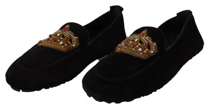 Mocassins élégants Dolce &amp; Gabbana en cuir noir avec broderies dorées