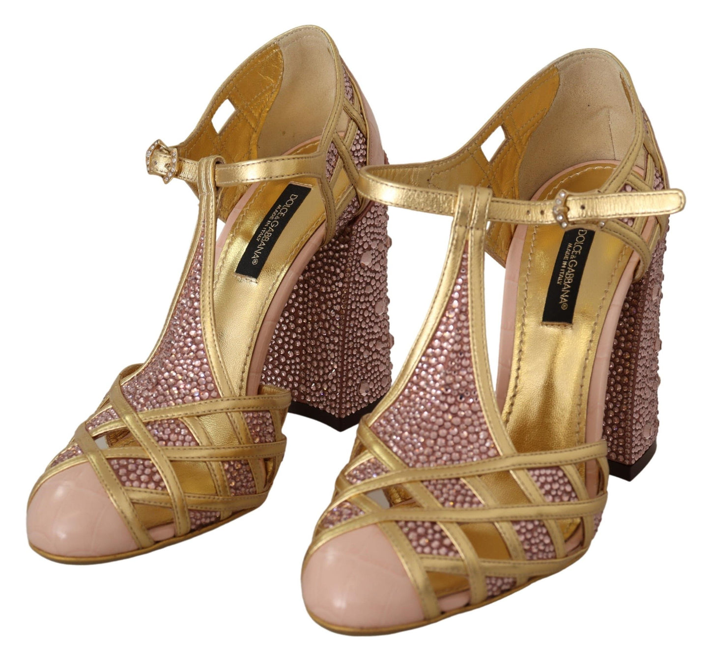Dolce &amp; Gabbana Pink Gold Leather Crystal Pumps T-strap Shoes