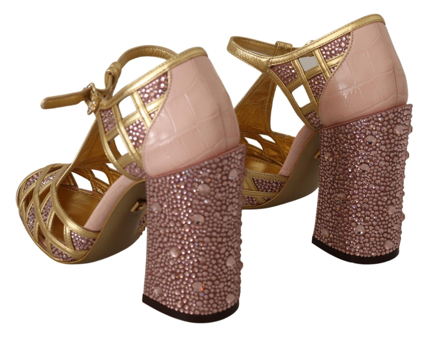 Dolce &amp; Gabbana Pink Gold Leather Crystal Pumps T-strap Shoes