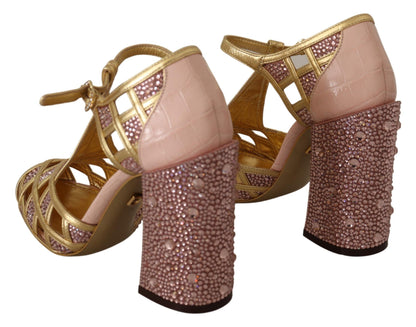 Dolce &amp; Gabbana Pink Gold Leather Crystal Pumps T-strap Shoes