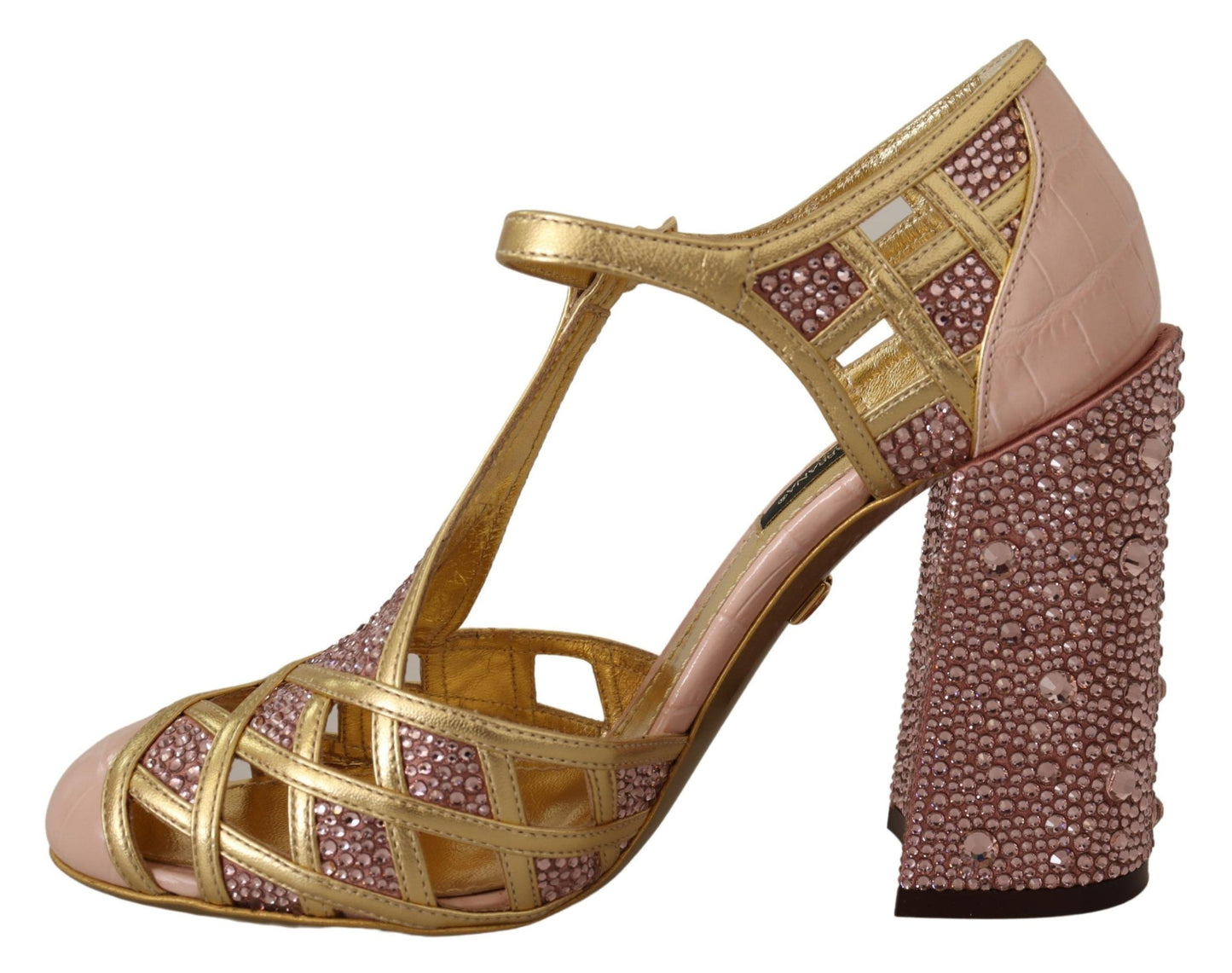 Dolce &amp; Gabbana Pink Gold Leather Crystal Pumps T-strap Shoes