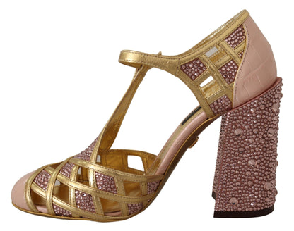 Dolce &amp; Gabbana Pink Gold Leather Crystal Pumps T-strap Shoes