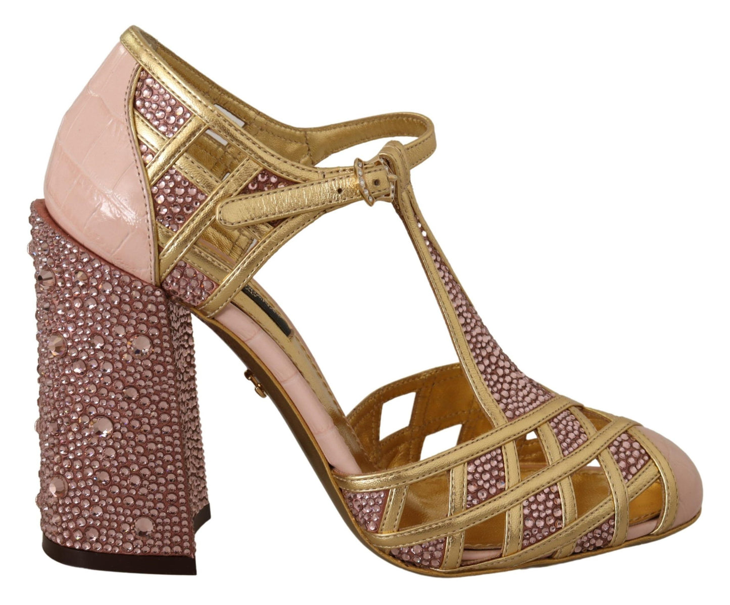 Dolce &amp; Gabbana Pink Gold Leather Crystal Pumps T-strap Shoes