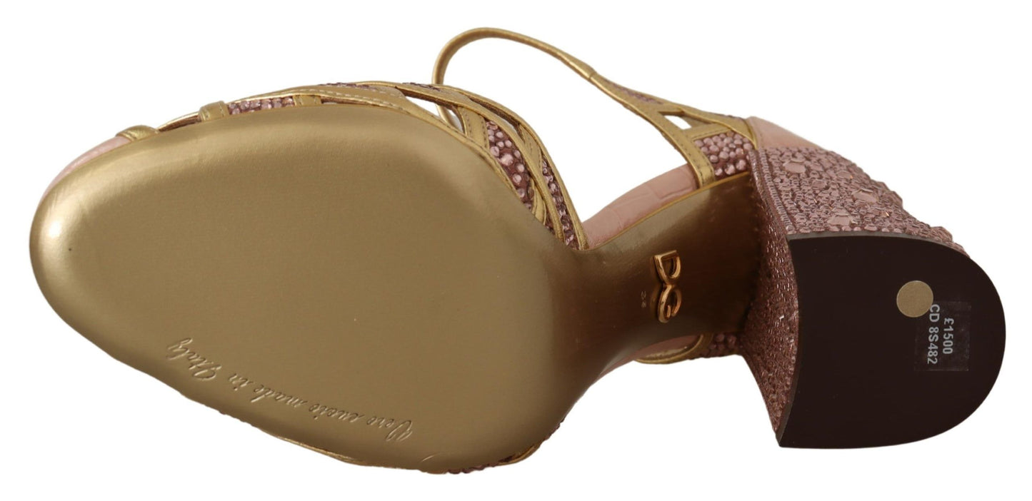 Dolce &amp; Gabbana Pink Gold Leather Crystal Pumps T-strap Shoes