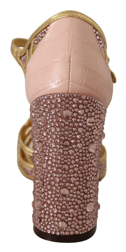 Dolce &amp; Gabbana Pink Gold Leather Crystal Pumps T-strap Shoes