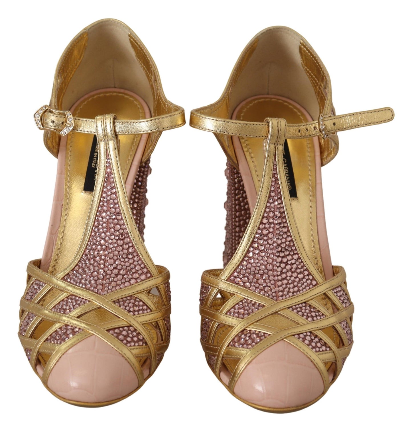 Dolce &amp; Gabbana Pink Gold Leather Crystal Pumps T-strap Shoes