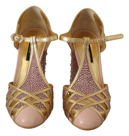 Dolce &amp; Gabbana Pink Gold Leather Crystal Pumps T-strap Shoes