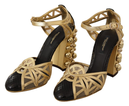 Dolce &amp; Gabbana Black Gold Leather Studded Ankle Straps Shoes