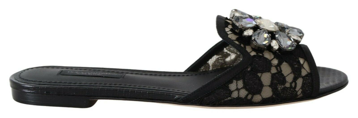 Dolce &amp; Gabbana - Mules élégantes en dentelle noire avec détail de fleur bijou