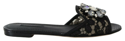 Dolce &amp; Gabbana - Mules élégantes en dentelle noire avec détail de fleur bijou