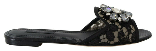 Dolce &amp; Gabbana - Mules élégantes en dentelle noire avec détail de fleur bijou
