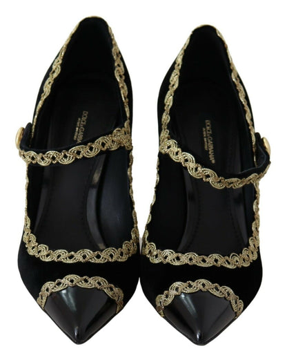 Escarpins élégants en velours noir brodés d'or Dolce &amp; Gabbana