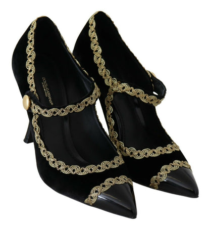 Escarpins élégants en velours noir brodés d'or Dolce &amp; Gabbana