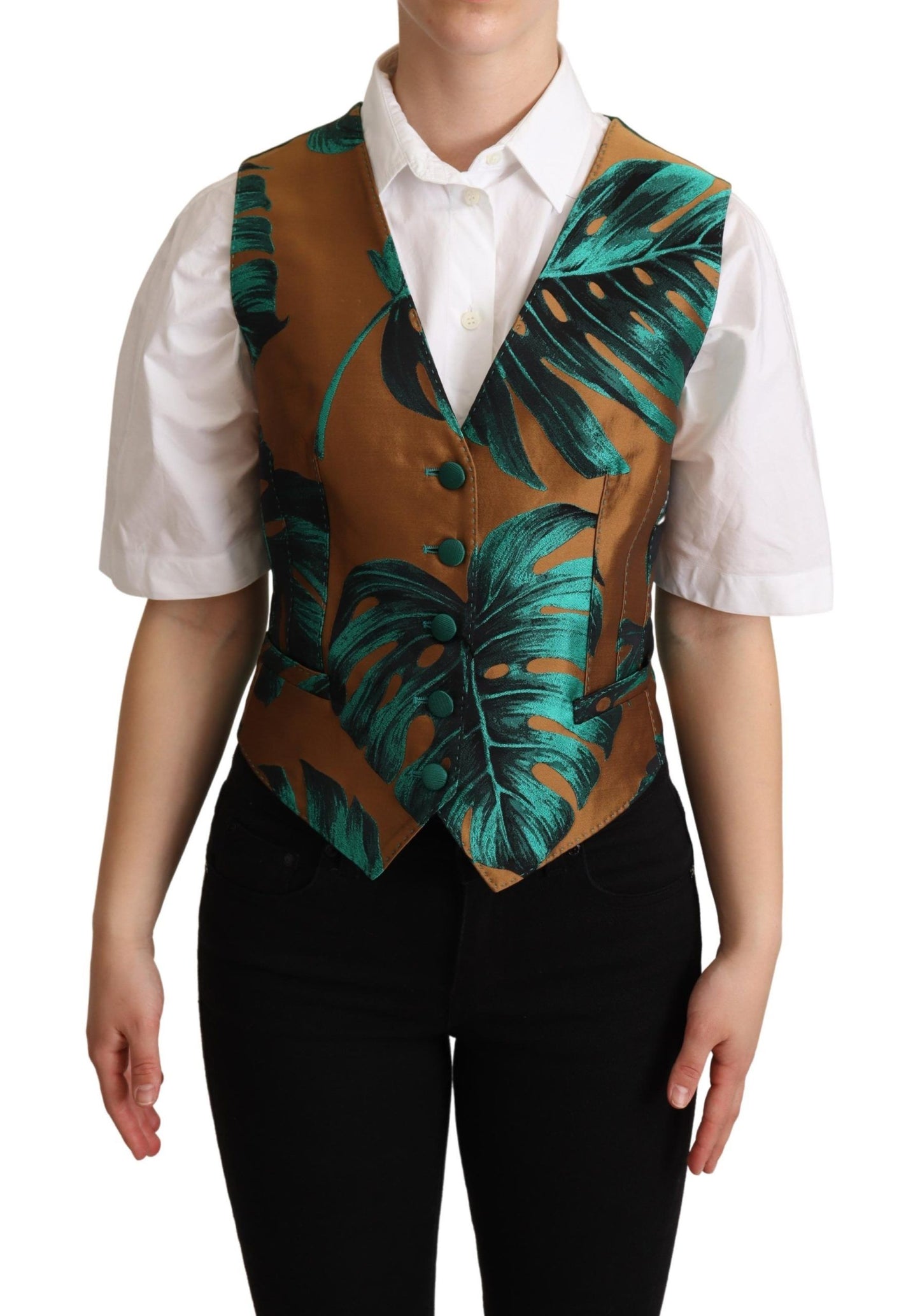 Dolce &amp; Gabbana Green Jacquard Leaf Gold Waistcoat Cardigan