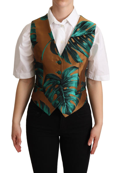 Dolce &amp; Gabbana Green Jacquard Leaf Gold Waistcoat Cardigan