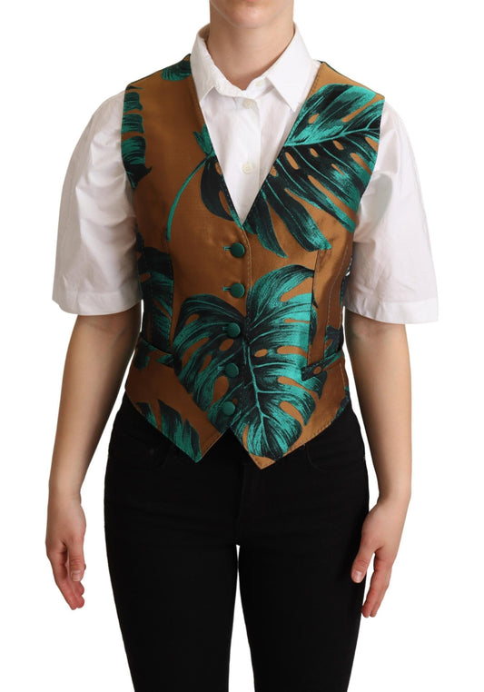 Dolce &amp; Gabbana Green Jacquard Leaf Gold Waistcoat Cardigan