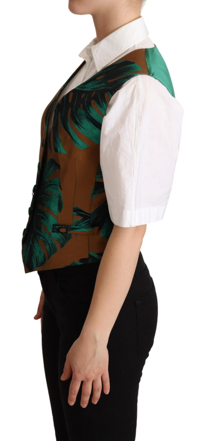 Dolce &amp; Gabbana Green Jacquard Leaf Gold Waistcoat Cardigan