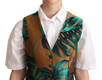 Dolce &amp; Gabbana Green Jacquard Leaf Gold Waistcoat Cardigan