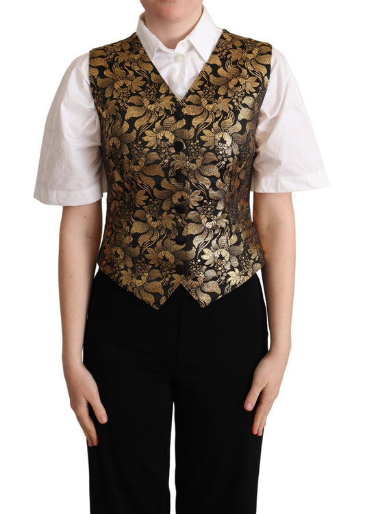 Dolce &amp; Gabbana Black Gold Jacquard Silk Waistcoat Cardigan