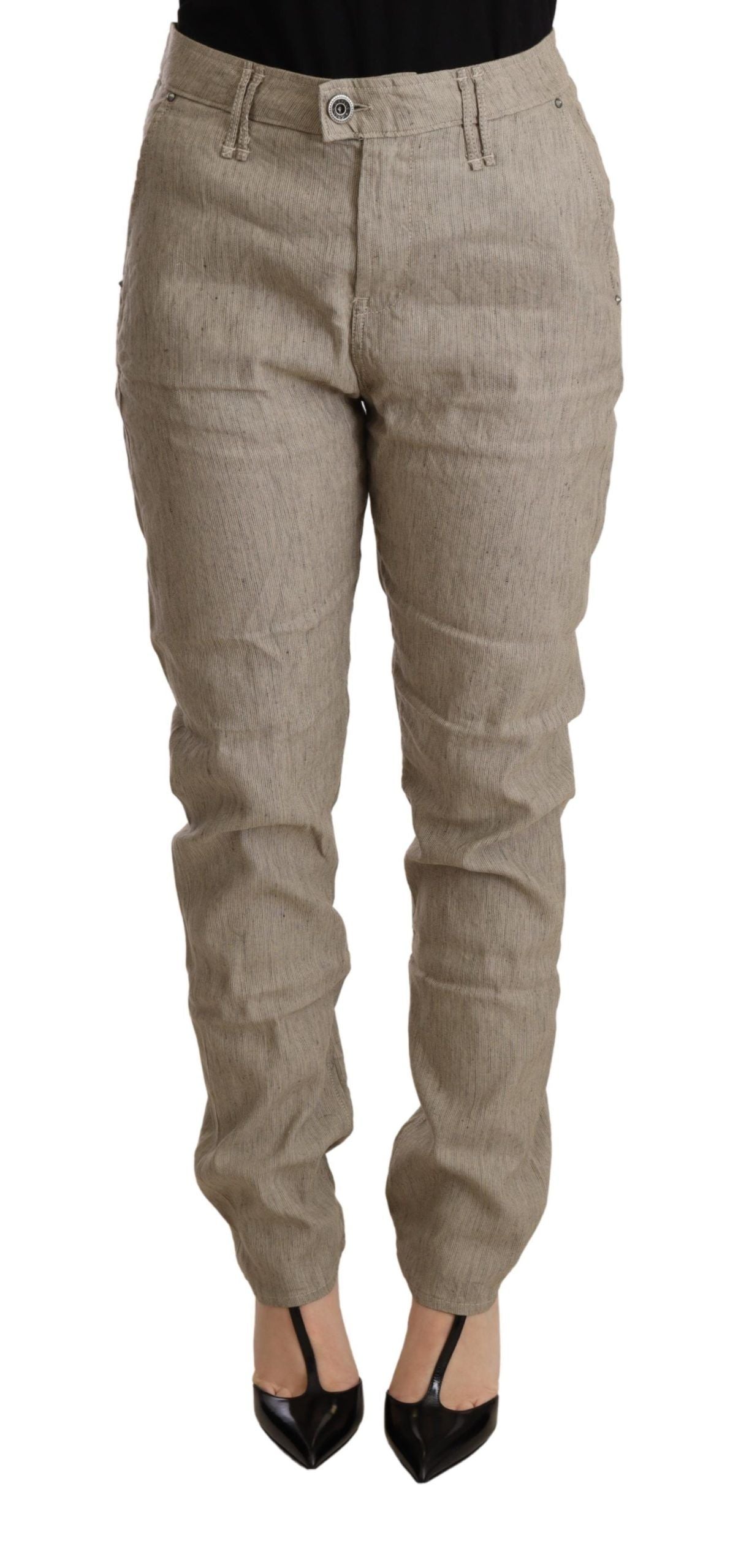CYCLE Beige Mid Waist Casual Baggy Stretch Trouser by CYCLE