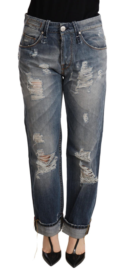 Eight Blue Tattered Mid Waist Straight Denim Trouser