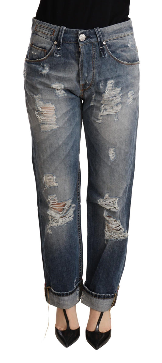 Eight Blue Tattered Mid Waist Straight Denim Trouser