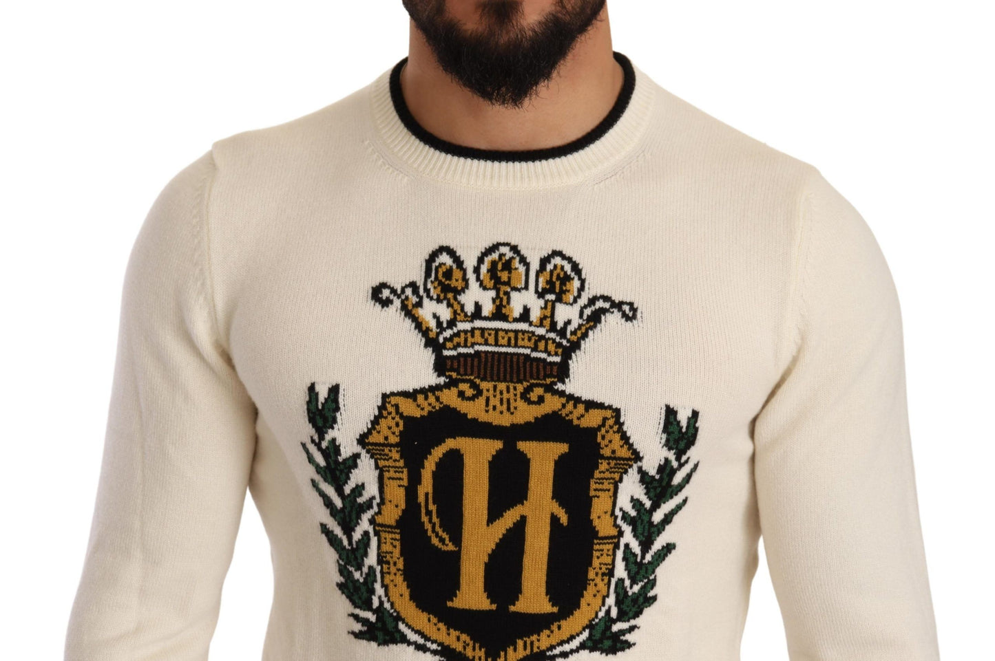 Dolce &amp; Gabbana White Heraldic Cashmere Pullover Sweater