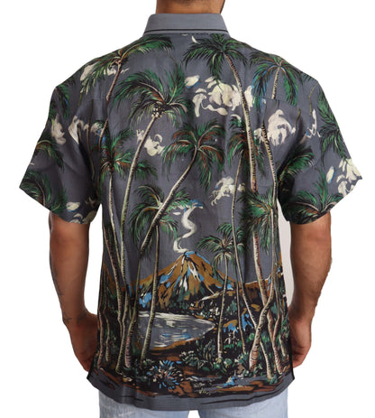 Dolce & Gabbana Gray Linen Tropical Print Collared Shirt by Dolce & Gabbana