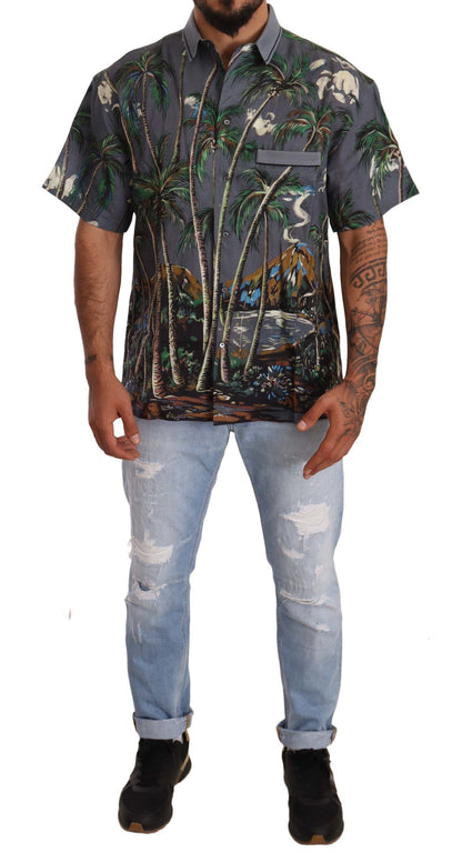 Dolce & Gabbana Gray Linen Tropical Print Collared Shirt by Dolce & Gabbana