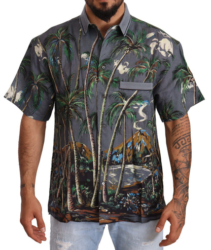Dolce & Gabbana Gray Linen Tropical Print Collared Shirt by Dolce & Gabbana