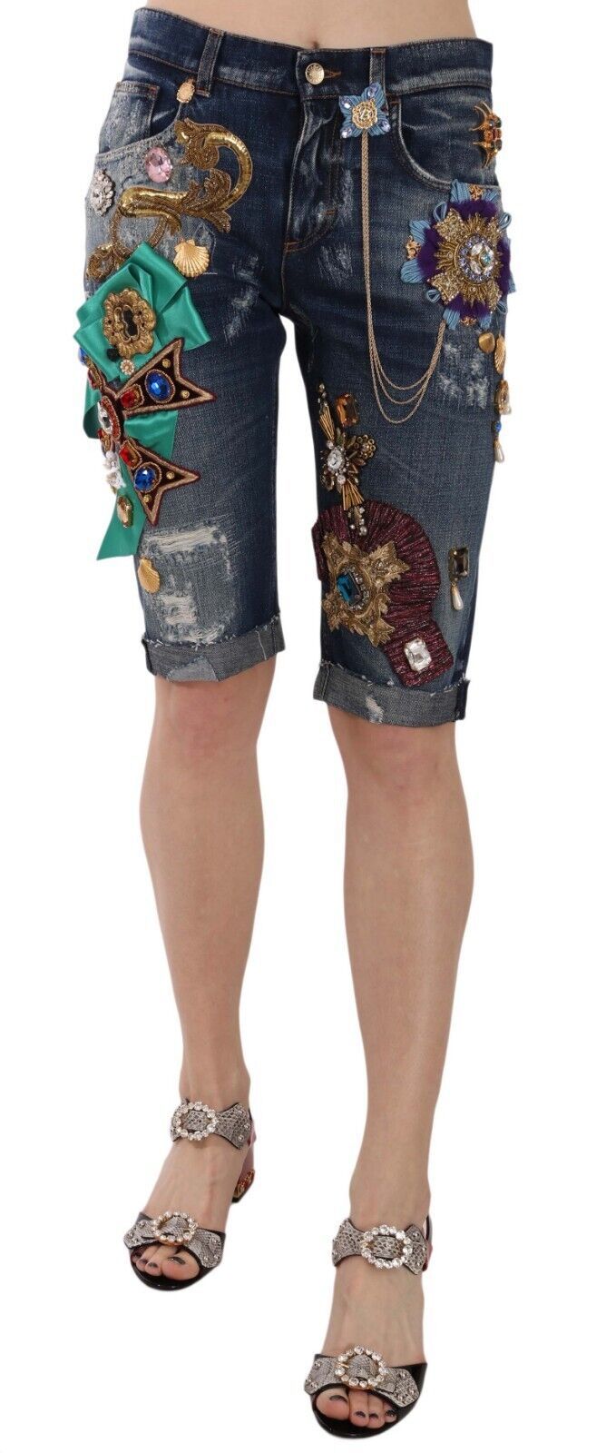 Dolce &amp; Gabbana - Short en jean élégant à ornements jusqu'aux genoux