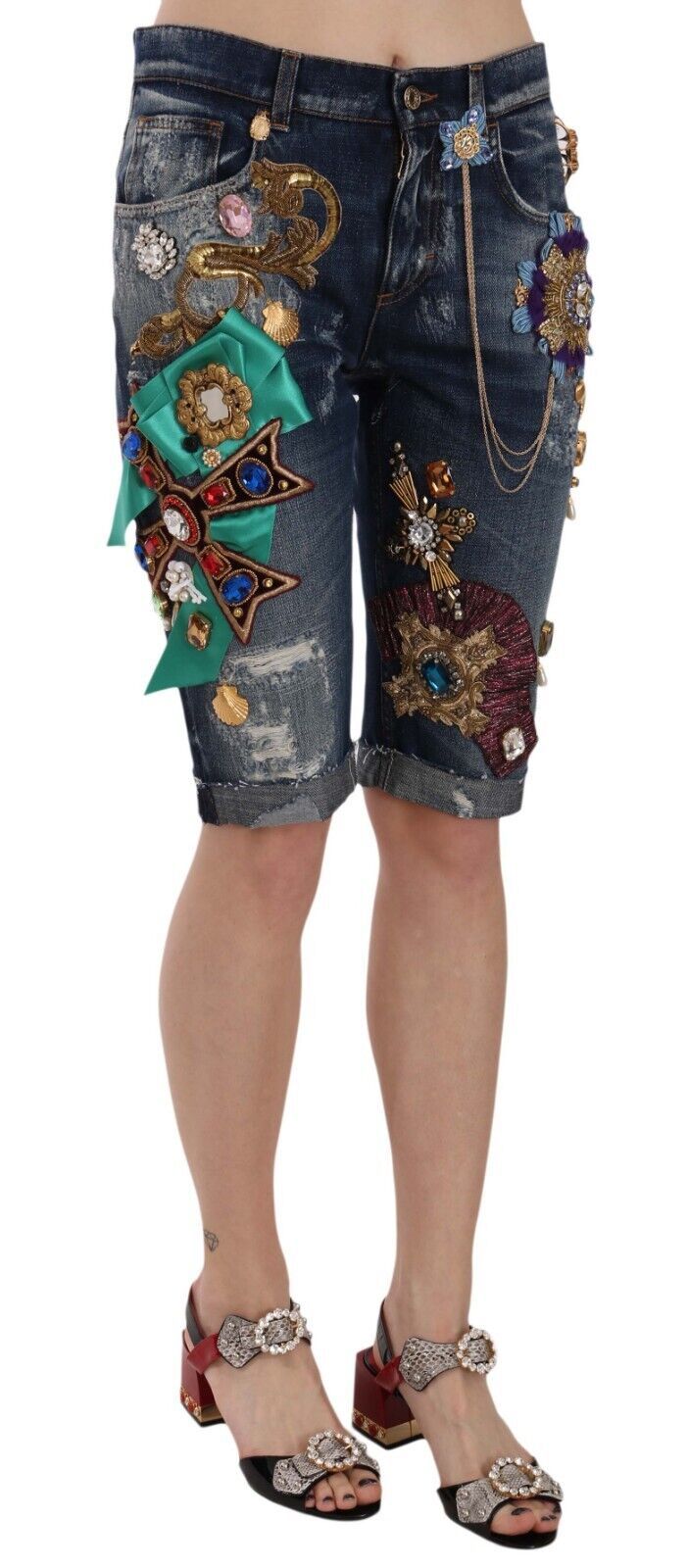 Dolce &amp; Gabbana - Short en jean élégant à ornements jusqu'aux genoux