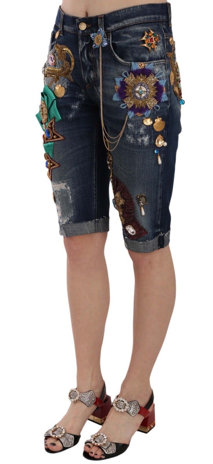 Dolce &amp; Gabbana - Short en jean élégant à ornements jusqu'aux genoux