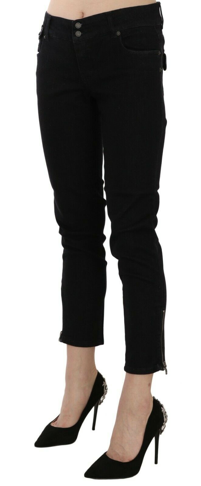 John Galliano Black Mid Waist Cropped Cut Hem Denim Casual Pants by John Galliano
