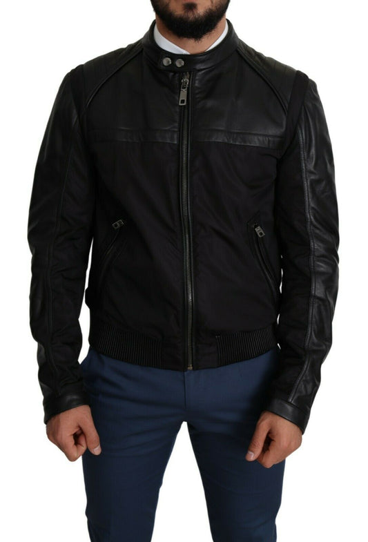 Dolce &amp; Gabbana Élégant Bomber Noir avec Accents en Cuir