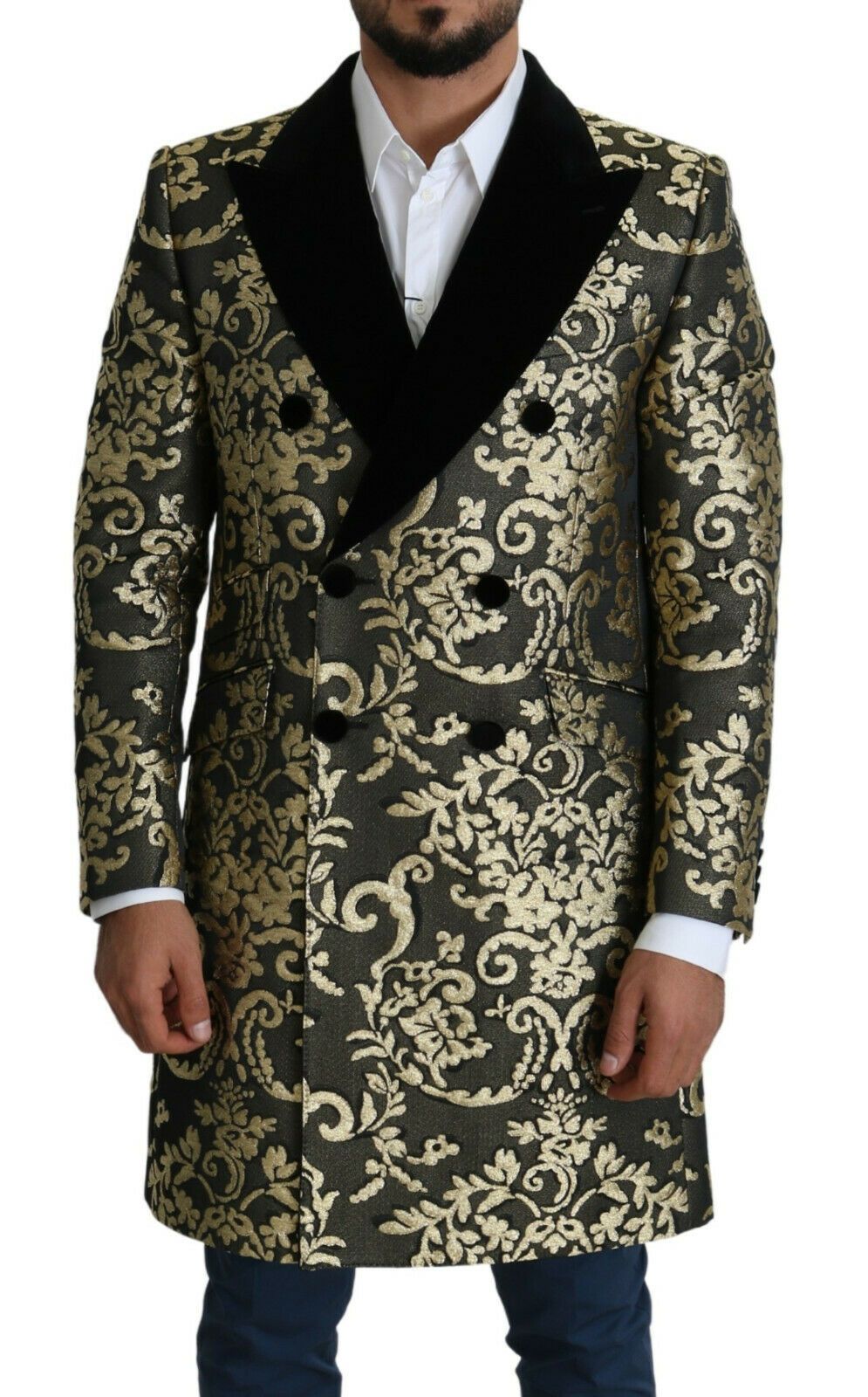 Manteau croisé en jacquard Sicilia doré et noir Dolce &amp; Gabbana