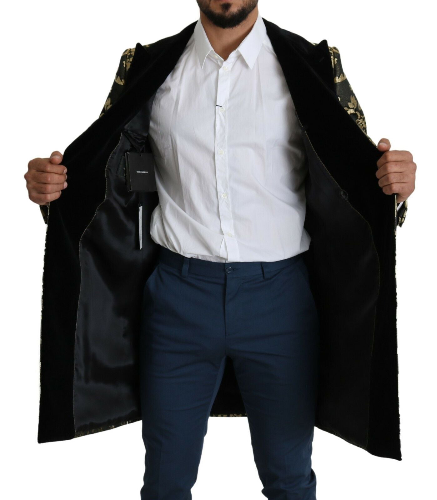Manteau croisé en jacquard Sicilia doré et noir Dolce &amp; Gabbana
