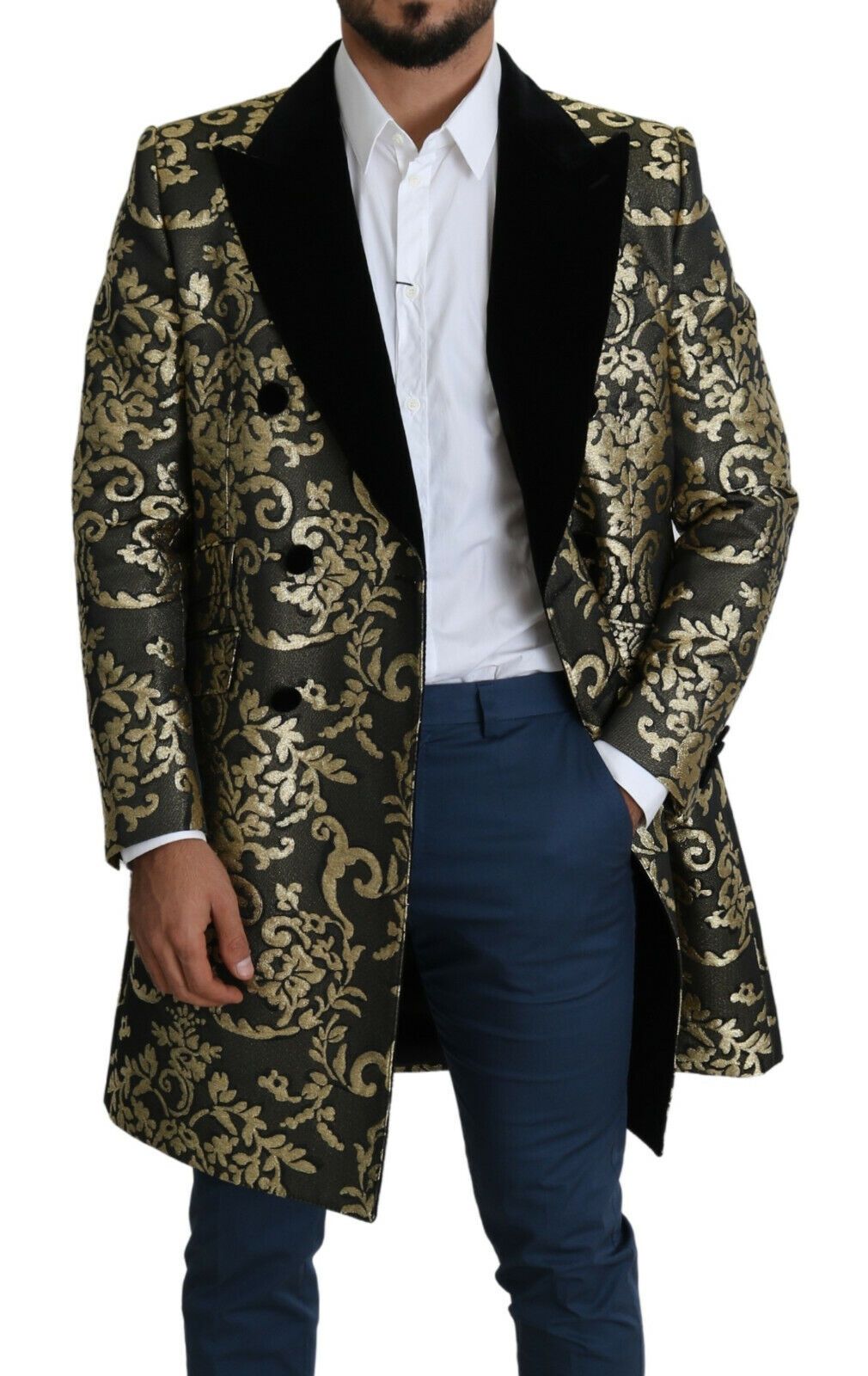 Manteau croisé en jacquard Sicilia doré et noir Dolce &amp; Gabbana