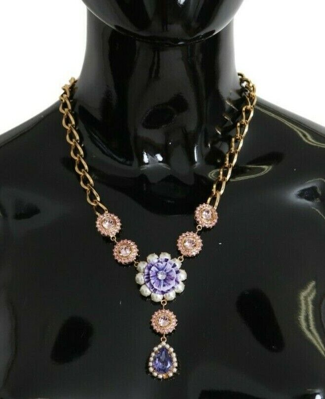 Collier élégant Dolce &amp; Gabbana à breloques florales en cristal doré