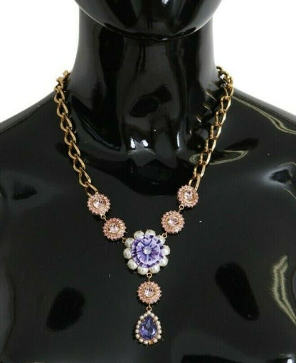Collier élégant Dolce &amp; Gabbana à breloques florales en cristal doré