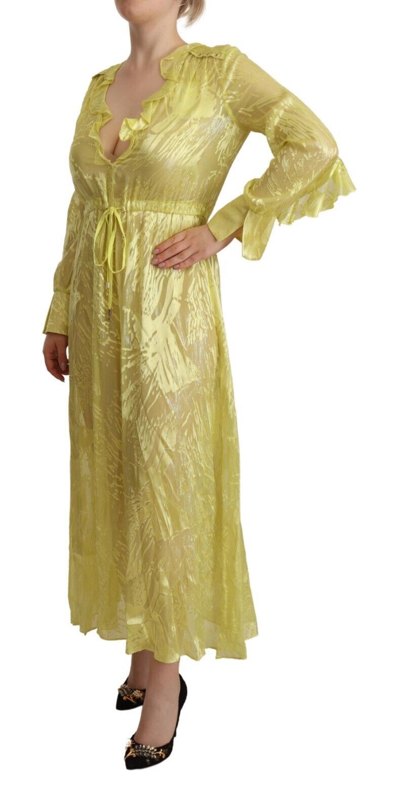 Patrizia Pepe Yellow Silk Long Sleeves Plunging Maxi Dress by Patrizia Pepe
