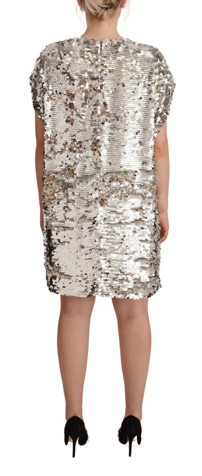 MSGM Silver Sequined Polyester Short Sleeves Shift Mini Dress by MSGM