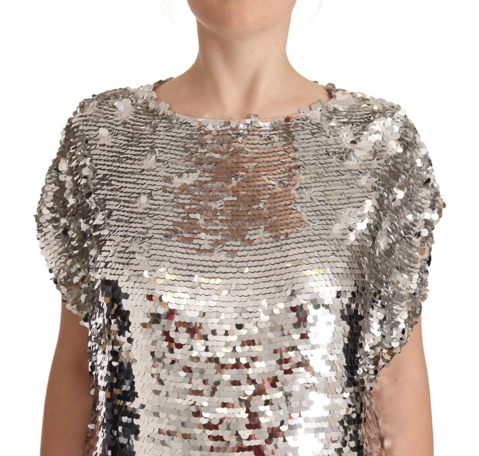 MSGM Silver Sequined Polyester Short Sleeves Shift Mini Dress by MSGM