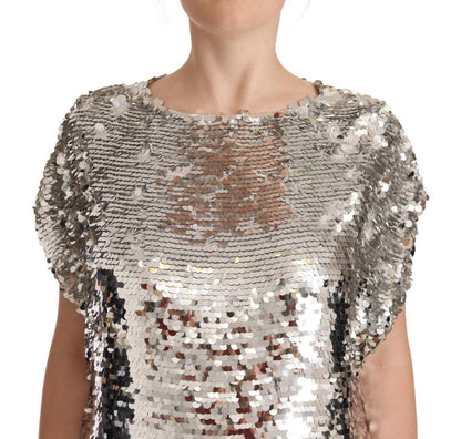 MSGM Silver Sequined Polyester Short Sleeves Shift Mini Dress by MSGM