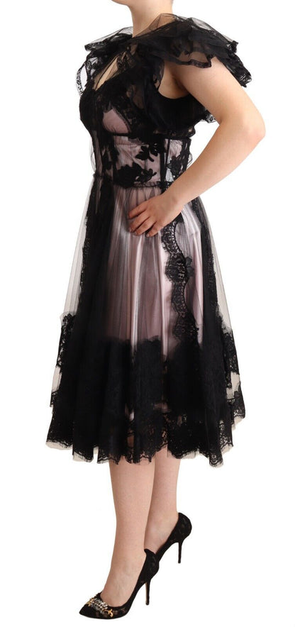 Dolce & Gabbana Black Pink Floral Lace A-line Midi Sheer Dress by Dolce & Gabbana