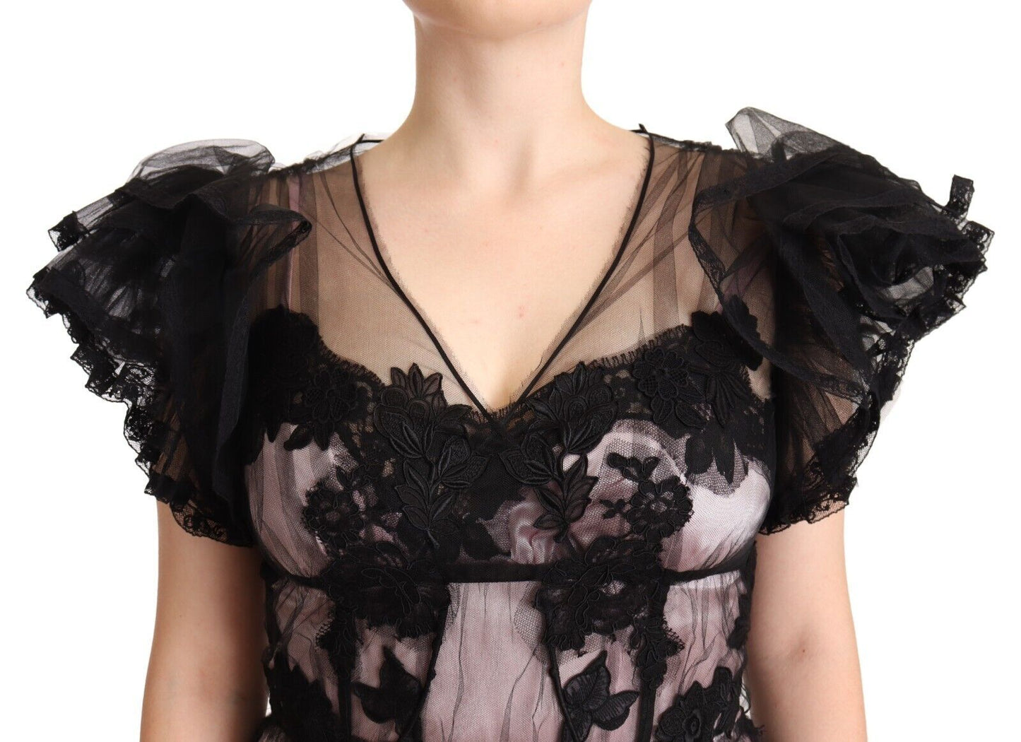 Dolce & Gabbana Black Pink Floral Lace A-line Midi Sheer Dress by Dolce & Gabbana