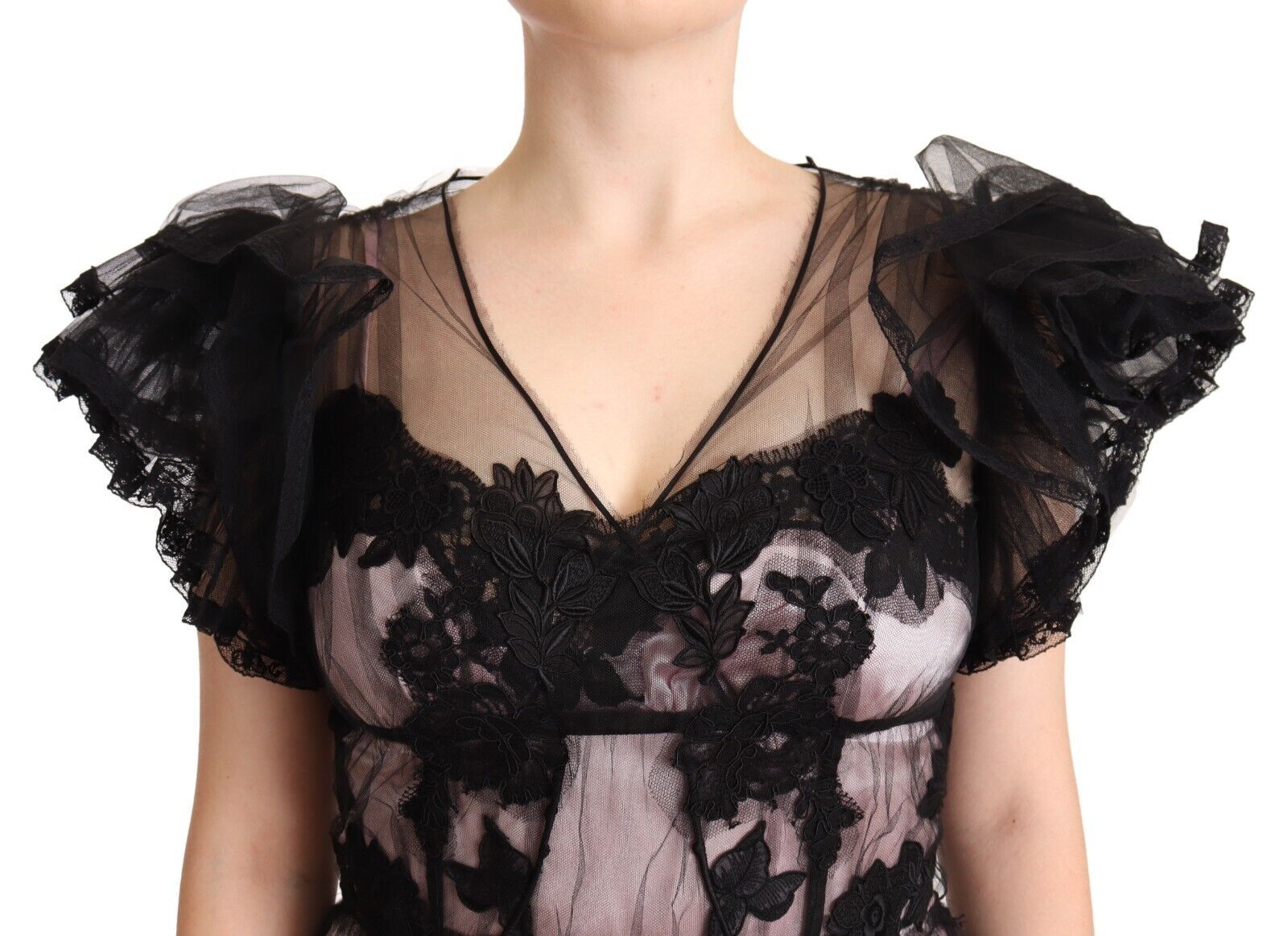 Dolce & Gabbana Black Pink Floral Lace A-line Midi Sheer Dress by Dolce & Gabbana