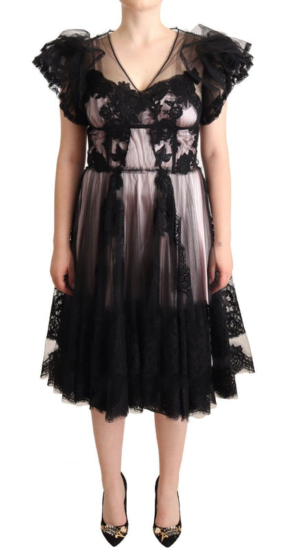 Dolce & Gabbana Black Pink Floral Lace A-line Midi Sheer Dress by Dolce & Gabbana