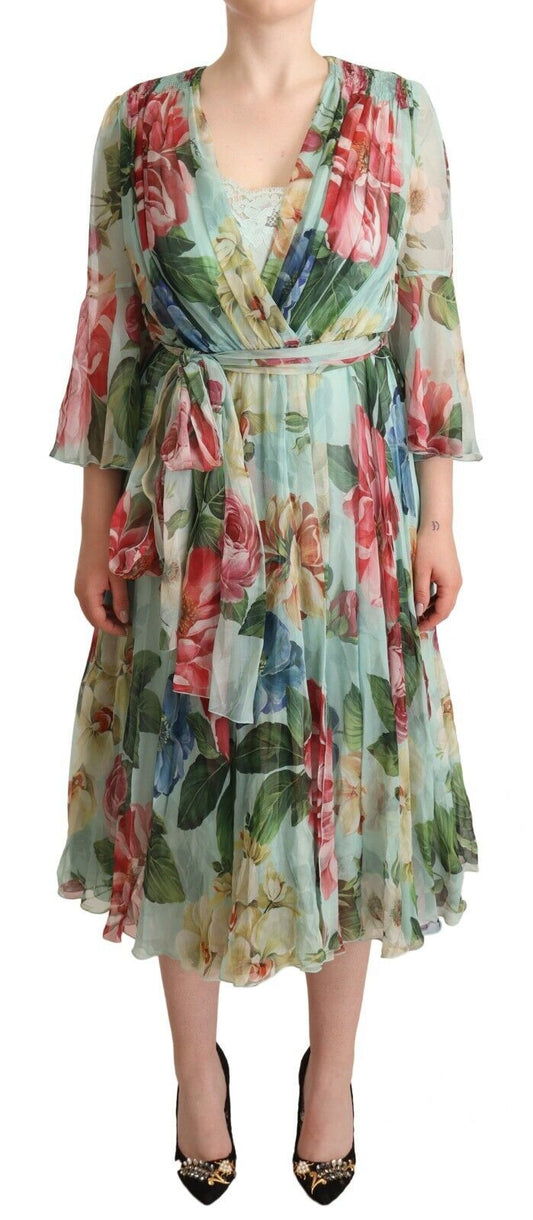 Dolce & Gabbana Green Floral Long Sleeves V-neck Midi Dress by Dolce & Gabbana